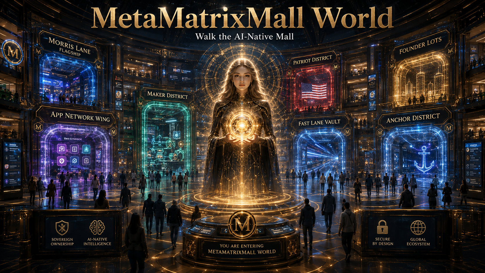 MetaMatrixMall World atrium with Debbie Core centered and districts for Morris Lane, App Network, Patriot District, Fast Lane, Founder Lots, Anchor District, and the global ecosystem.