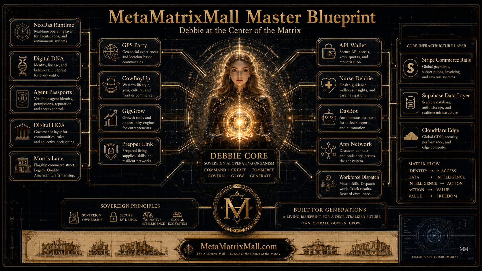 MetaMatrixMall Master Blueprint showing Debbie Core connected to NeoDas Runtime, Digital DNA, Agent Passports, Morris Lane, GPS Party, CowBoyUp, GigGrow, Prepper Link, API Wallet, Nurse Debbie, DasBot, App Network, Workforce Dispatch, Stripe, Supabase, and Cloudflare Edge.